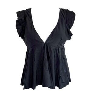Beachsissi Ruffled Shoulder V-Neck Tankini Top Black Size L Resort Beach Cruise